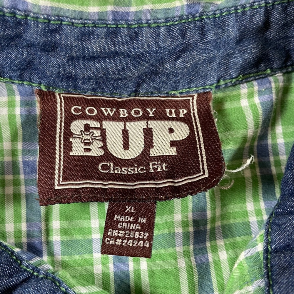 Cowboy Up Mens XL Green Plaid Western Pearl Snap Long Sleeve Shirt Classic Fit - Picture 2 of 9